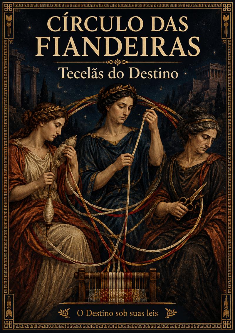 Capa do grimório Círculo das Fiandeiras: as três Tecelãs do Destino diante do tear, sob o céu estrelado